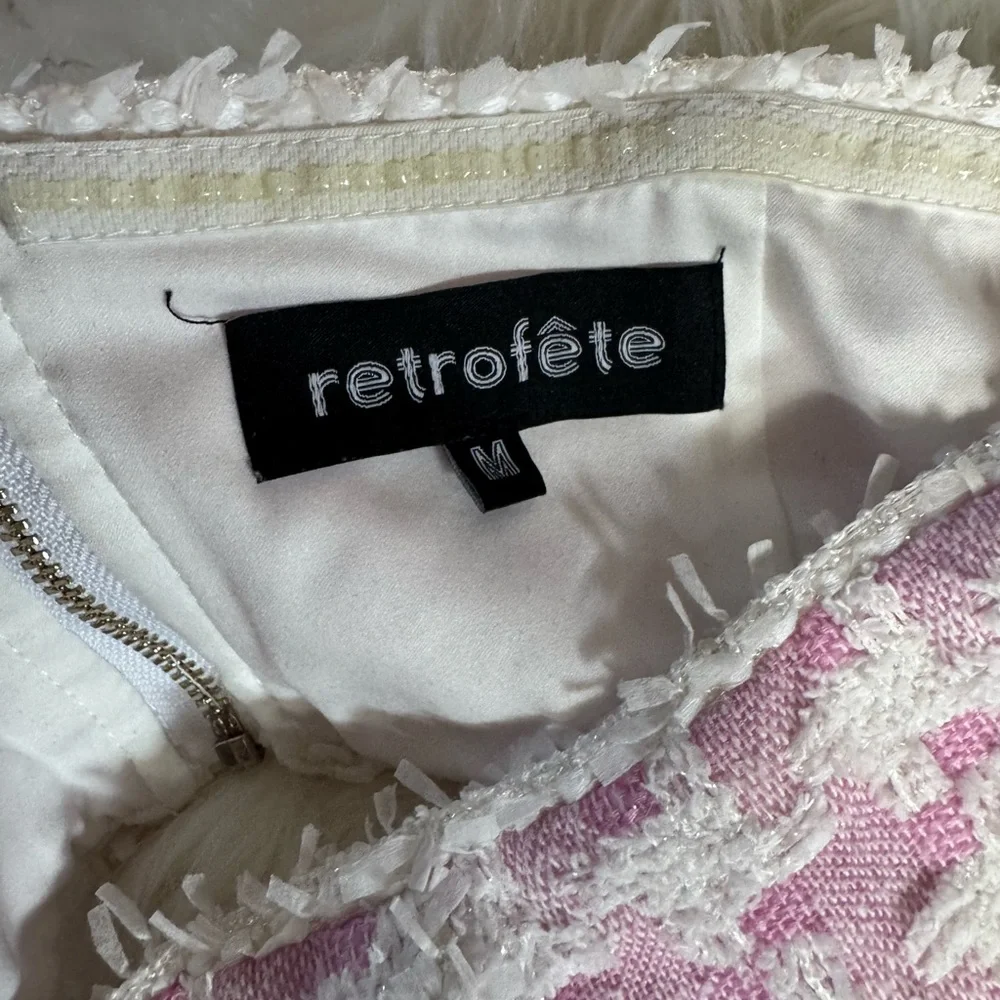 Retrofete Betheny Strapless Cutout Houndstooth Boucle-Tweed Pink Mini Dress